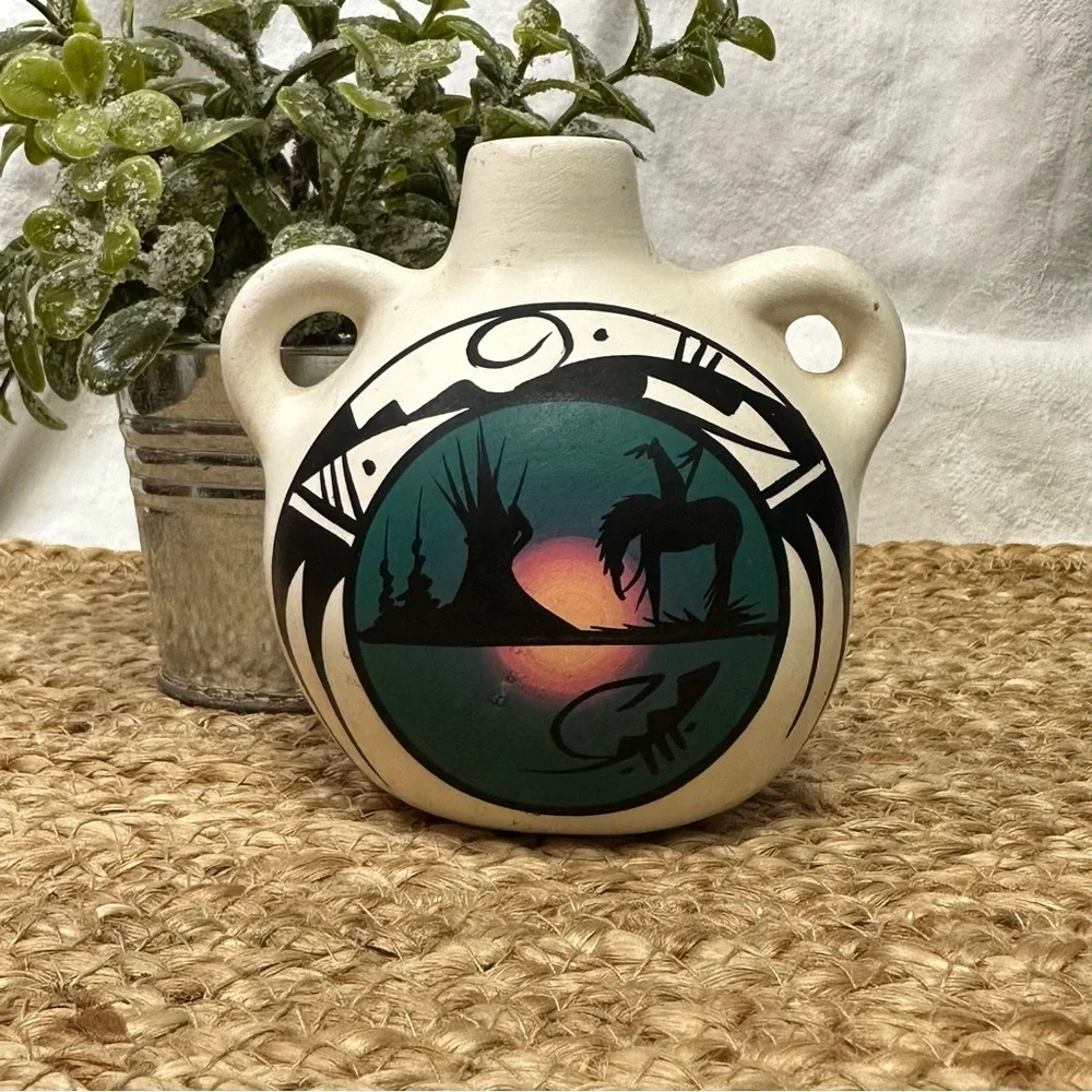 Native American Horse & Rider Navajo Water Vessel‎ Vase Jug Pottery